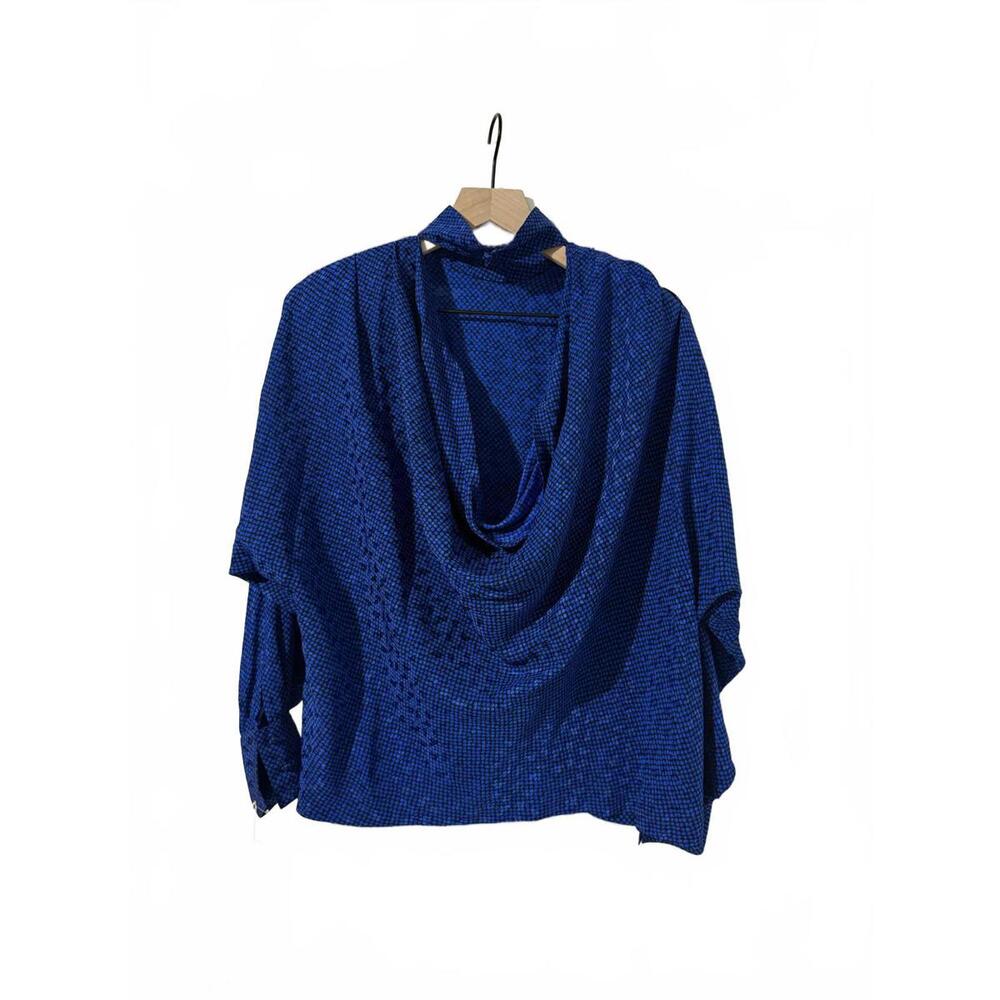 Vintage 80s Blue Draped Neck LS Blouse